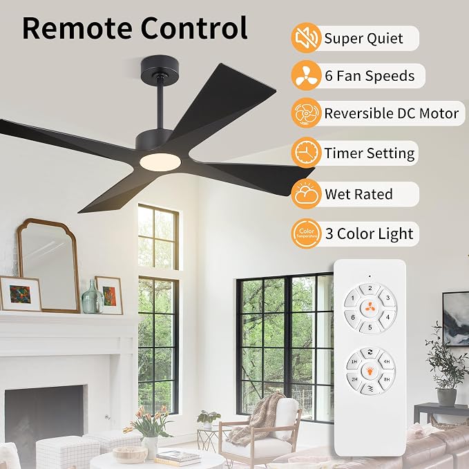 64" Wet Rated Outdoor Ceiling Fan with Lights, 4 ABS Plastic Blades, Reversible DC Motor, 6-Speed Remote Control, 3 CCT