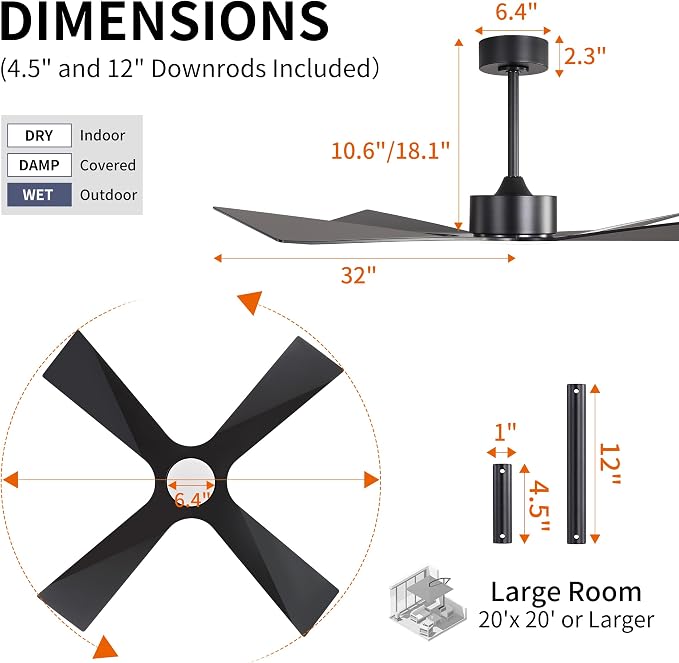 64" Wet Rated Outdoor Ceiling Fan with Lights, 4 ABS Plastic Blades, Reversible DC Motor, 6-Speed Remote Control, 3 CCT