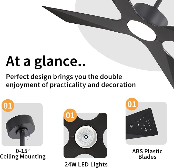 64" Wet Rated Outdoor Ceiling Fan with Lights, 4 ABS Plastic Blades, Reversible DC Motor, 6-Speed Remote Control, 3 CCT