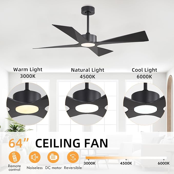 64" Wet Rated Outdoor Ceiling Fan with Lights, 4 ABS Plastic Blades, Reversible DC Motor, 6-Speed Remote Control, 3 CCT