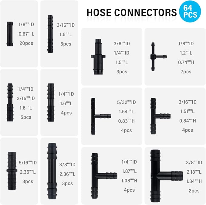 64PCS Vacuum Line Connectors Kit,Heat Resistant 240°C (460°F) Vacuum Hose Connector Assortment for Tightly Connecting Vacuum