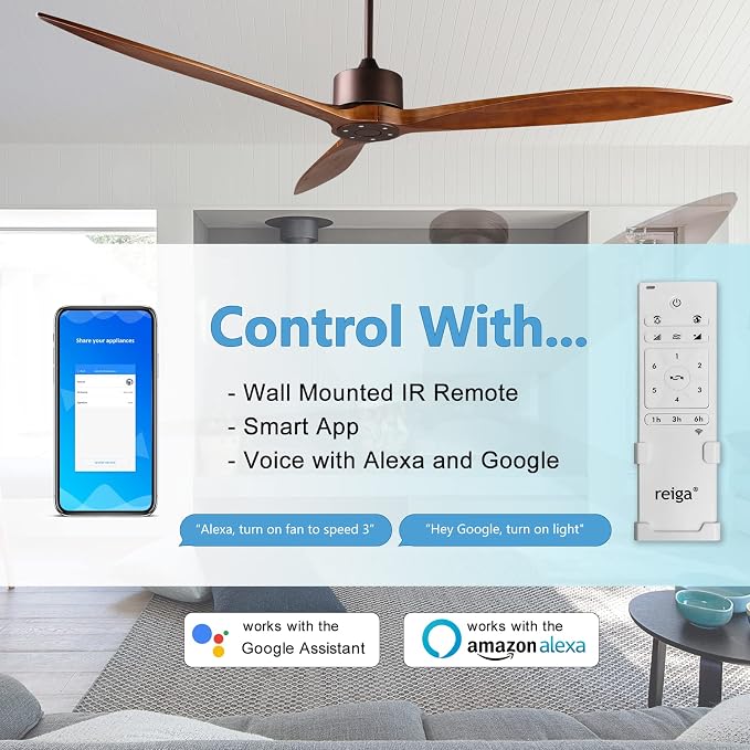 65" DC Motor Indoor Outdoor Modern Smart Ceiling Fan High CFM with 3 Wood Blades Wifi Alexa App Remote Control for Patio