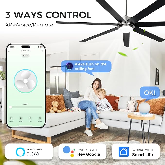 65 In Modern Smart Ceiling Fan with Light and Alexa APP Control,6 Speed,3CCT,Noiseless Reversible DC Motor Black Indoor