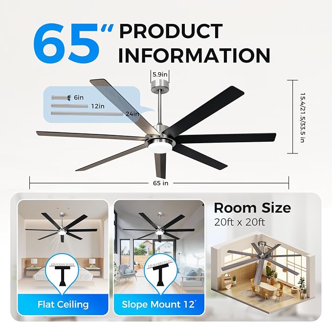 65 In Modern Smart Ceiling Fan with Light and Alexa APP Control,6 Speed,3CCT,Noiseless Reversible DC Motor Black Indoor