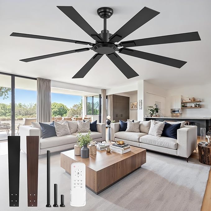 65 Inch Ceiling Fan No Light with Remote, Black Large Ceiling Fan Without Light with Quiet Reversible DC Motor, 6-Speeds, 8