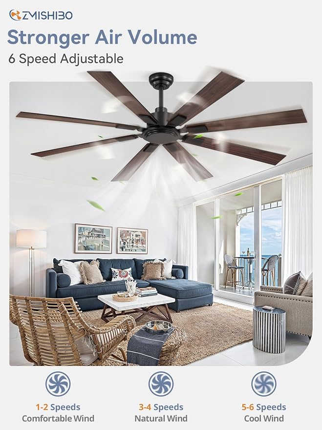 65 Inch Ceiling Fan No Light with Remote, Black Large Ceiling Fan Without Light with Quiet Reversible DC Motor, 6-Speeds, 8
