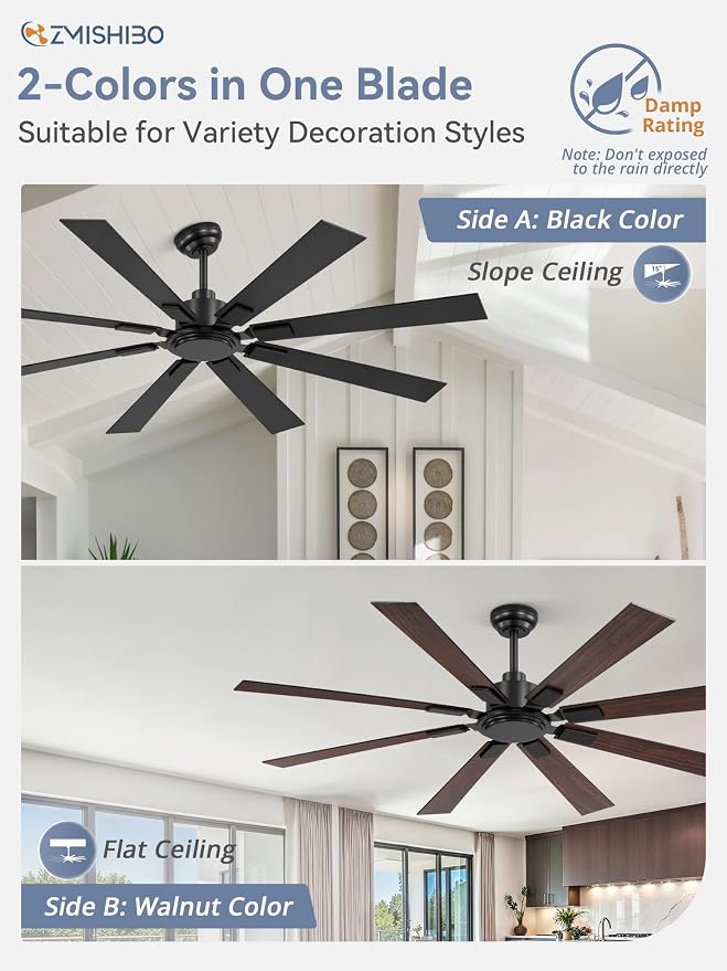 65 Inch Ceiling Fan No Light with Remote, Black Large Ceiling Fan Without Light with Quiet Reversible DC Motor, 6-Speeds, 8