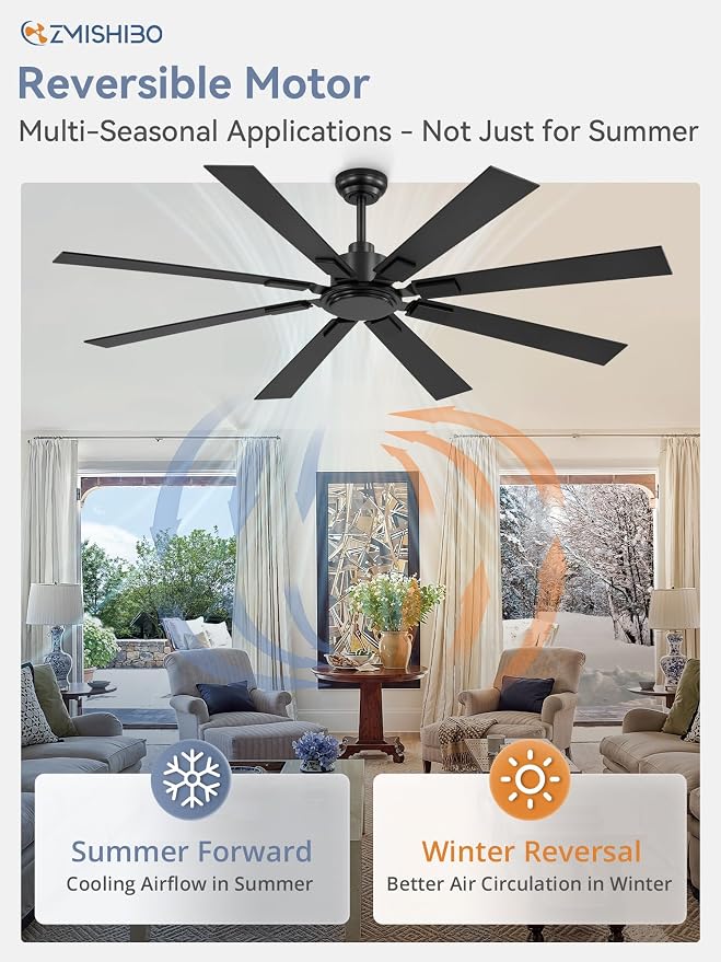 65 Inch Ceiling Fan No Light with Remote, Black Large Ceiling Fan Without Light with Quiet Reversible DC Motor, 6-Speeds, 8