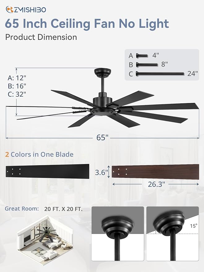65 Inch Ceiling Fan No Light with Remote, Black Large Ceiling Fan Without Light with Quiet Reversible DC Motor, 6-Speeds, 8