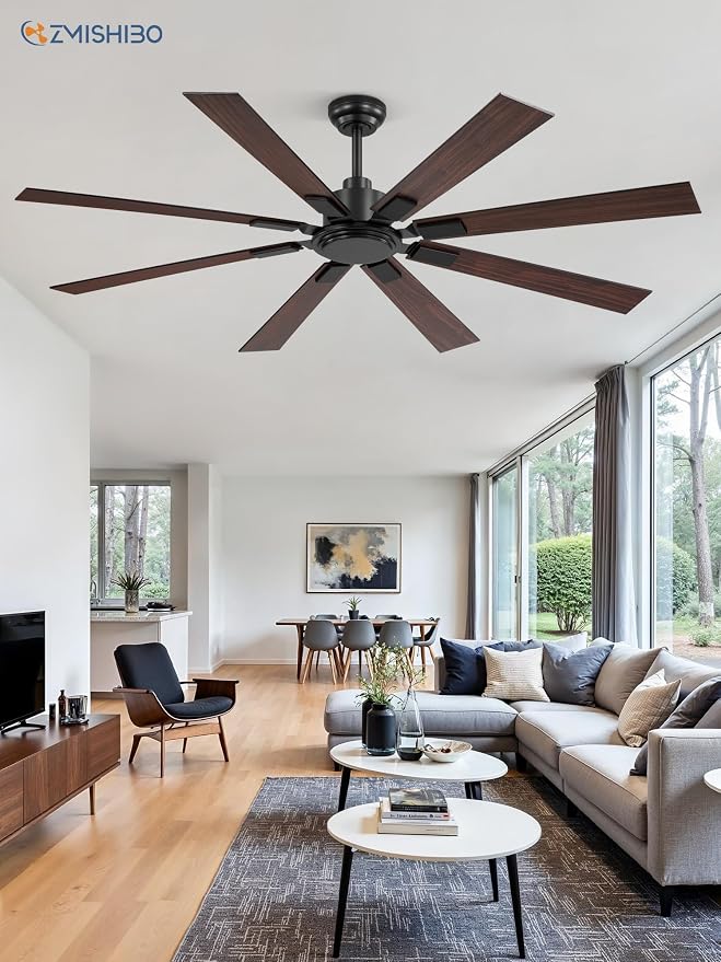 65 Inch Ceiling Fan No Light with Remote, Black Large Ceiling Fan Without Light with Quiet Reversible DC Motor, 6-Speeds, 8