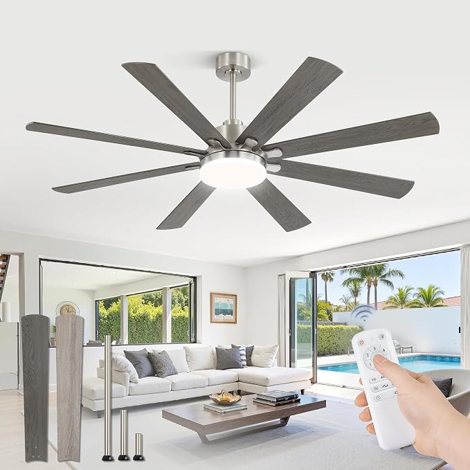 65 Inch Ceiling Fan with Light, Brushed Nickel Ceiling Fan with Large LED Panel, Quiet Reversible DC Motor, 6-Speeds, 3CCT
