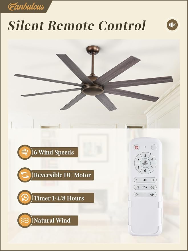 65 Inch Ceiling Fans No Light with Remote, Bronze Indoor/Outdoor Ceiling Fan Without Light with Quiet Reversible DC Motor, 6