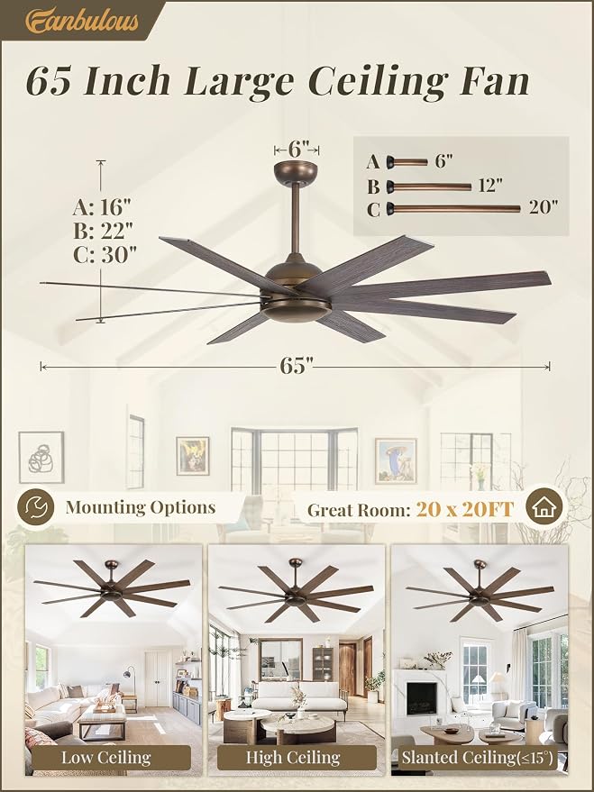 65 Inch Ceiling Fans No Light with Remote, Bronze Indoor/Outdoor Ceiling Fan Without Light with Quiet Reversible DC Motor, 6
