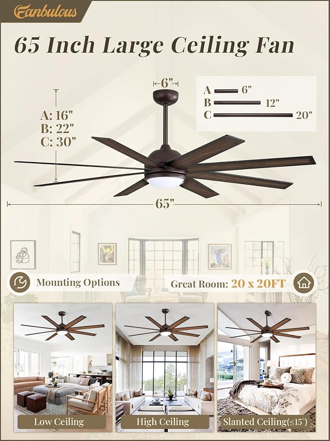 65 Inch Ceiling Fans with Lights and Remote, Bronze Indoor/Outdoor Ceiling Fan with Quiet Reversible DC Motor, 6 Speeds