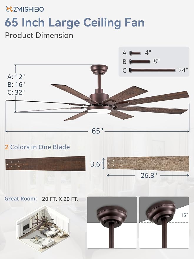 65 Inch Ceiling Fans with Lights and Remote, Bronze Large Ceiling Fan with 3000-6000K Dimmable, Quiet Reversible DC Motor, 6