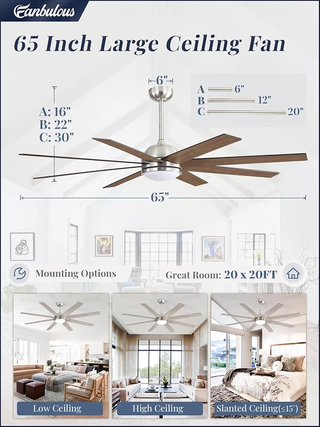 65 Inch Ceiling Fans with Lights and Remote, Brush Nickel Indoor/Outdoor Ceiling Fan with Quiet Reversible DC Motor, 6