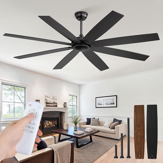 65 inch Indoor/Outdoor Ceiling Fan No Light,Quiet DC Motor Fan Reversible 6-Speeds, 8 Blades Ceiling Fans with remote for