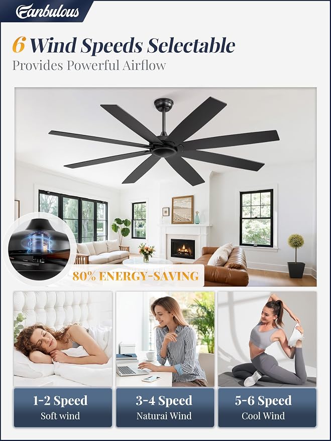 65 inch Indoor/Outdoor Ceiling Fan No Light,Quiet DC Motor Fan Reversible 6-Speeds, 8 Blades Ceiling Fans with remote for