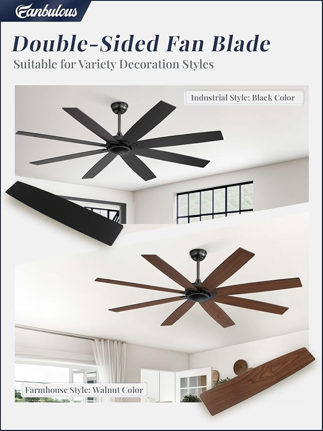 65 inch Indoor/Outdoor Ceiling Fan No Light,Quiet DC Motor Fan Reversible 6-Speeds, 8 Blades Ceiling Fans with remote for