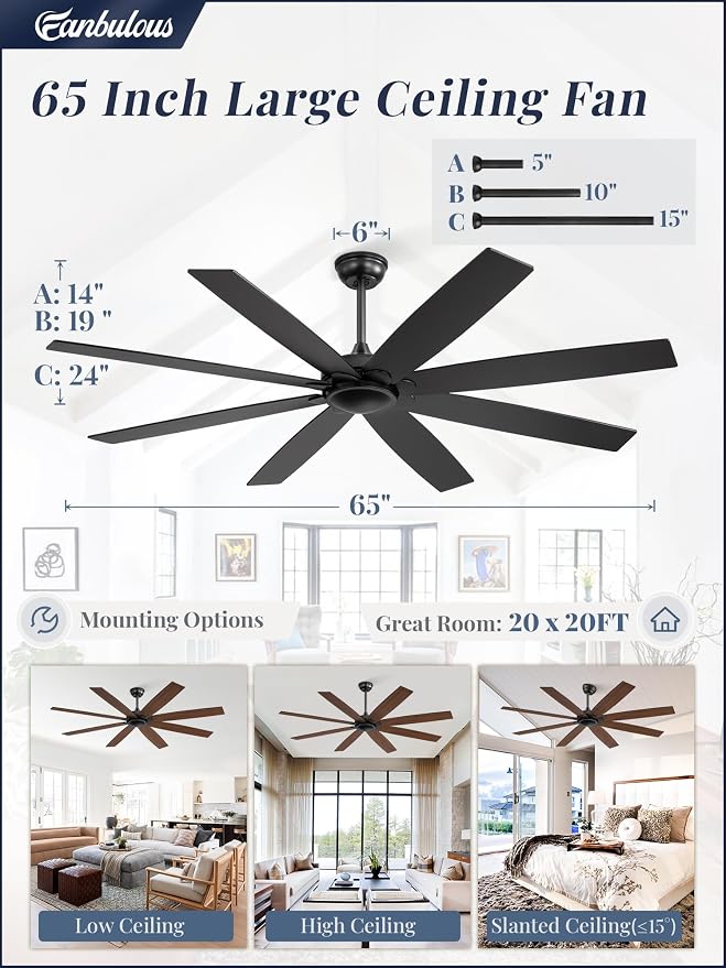 65 inch Indoor/Outdoor Ceiling Fan No Light,Quiet DC Motor Fan Reversible 6-Speeds, 8 Blades Ceiling Fans with remote for