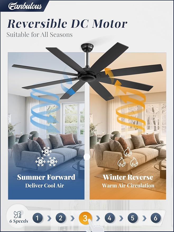65 inch Indoor/Outdoor Ceiling Fan No Light,Quiet DC Motor Fan Reversible 6-Speeds, 8 Blades Ceiling Fans with remote for