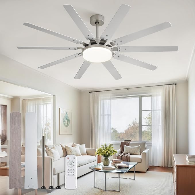 65 inch Large Brushed Nickel Modern Ceiling Fans with Lights and Remote, Indoor/Outdoor Ceiling Fan with 10 Blades, 32W LED