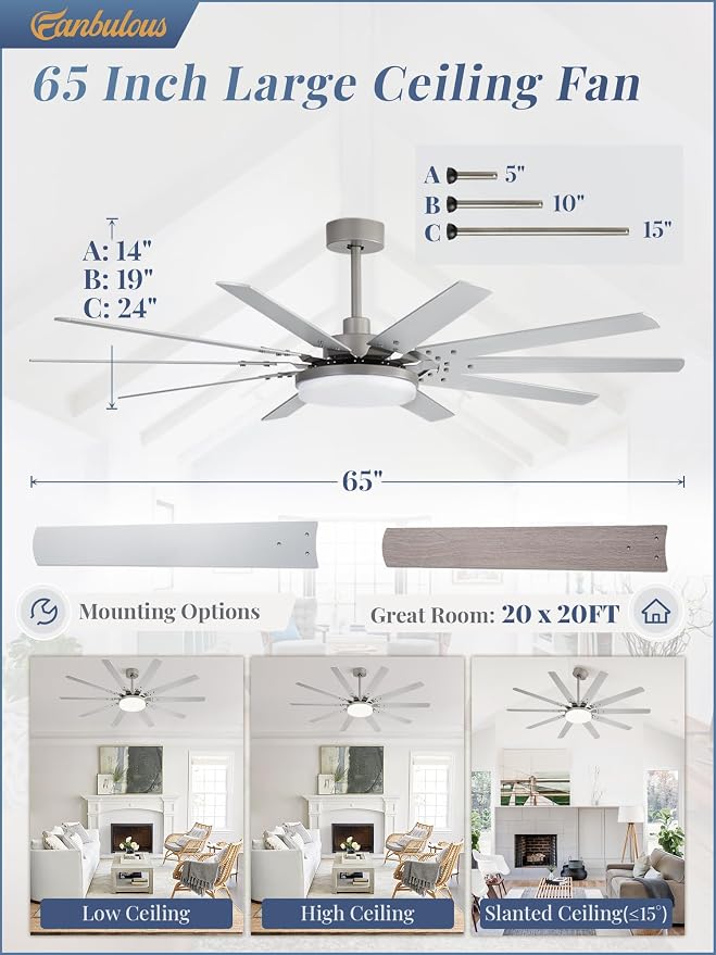 65 inch Large Brushed Nickel Modern Ceiling Fans with Lights and Remote, Indoor/Outdoor Ceiling Fan with 10 Blades, 32W LED