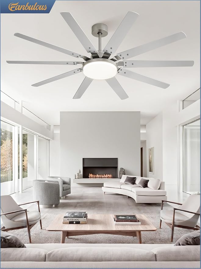 65 inch Large Brushed Nickel Modern Ceiling Fans with Lights and Remote, Indoor/Outdoor Ceiling Fan with 10 Blades, 32W LED