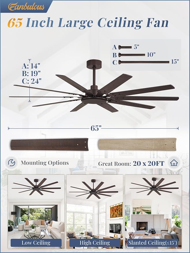 65 Inch Large Ceiling Fan Without Light, Modern Indoor/Outdoor Ceiling Fans No Light with Remote,6-Speed Reversible Quiet DC