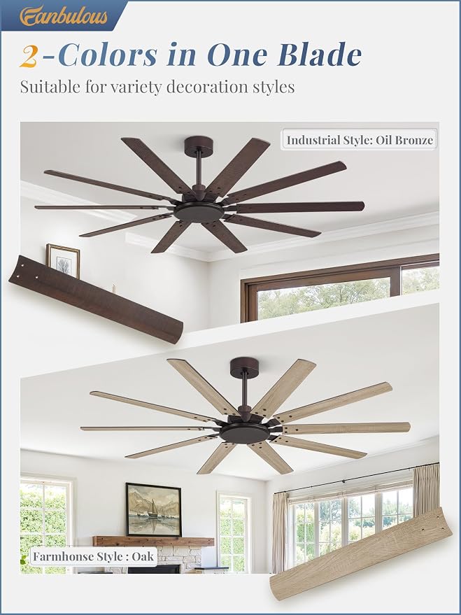 65 Inch Large Ceiling Fan Without Light, Modern Indoor/Outdoor Ceiling Fans No Light with Remote,6-Speed Reversible Quiet DC
