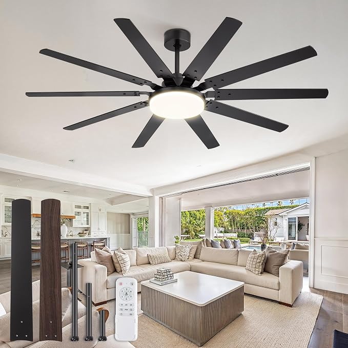 65 inch Large Ceiling Fans with Lights and Remote, Outdoor Black Ceiling Fan with 10 Blades, 32W LED light 3 CCT, 6 Speed