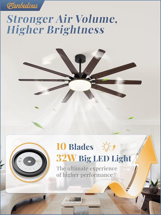 65 inch Large Ceiling Fans with Lights and Remote, Outdoor Black Ceiling Fan with 10 Blades, 32W LED light 3 CCT, 6 Speed