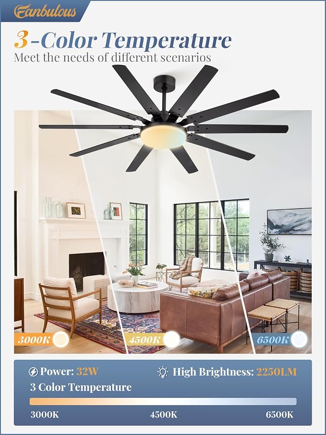 65 inch Large Ceiling Fans with Lights and Remote, Outdoor Black Ceiling Fan with 10 Blades, 32W LED light 3 CCT, 6 Speed
