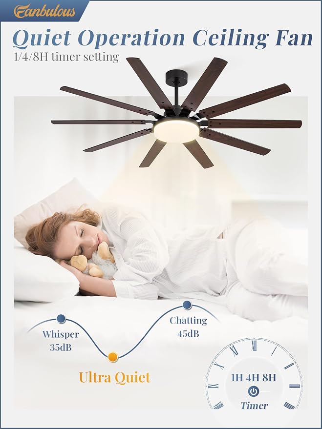 65 inch Large Ceiling Fans with Lights and Remote, Outdoor Black Ceiling Fan with 10 Blades, 32W LED light 3 CCT, 6 Speed