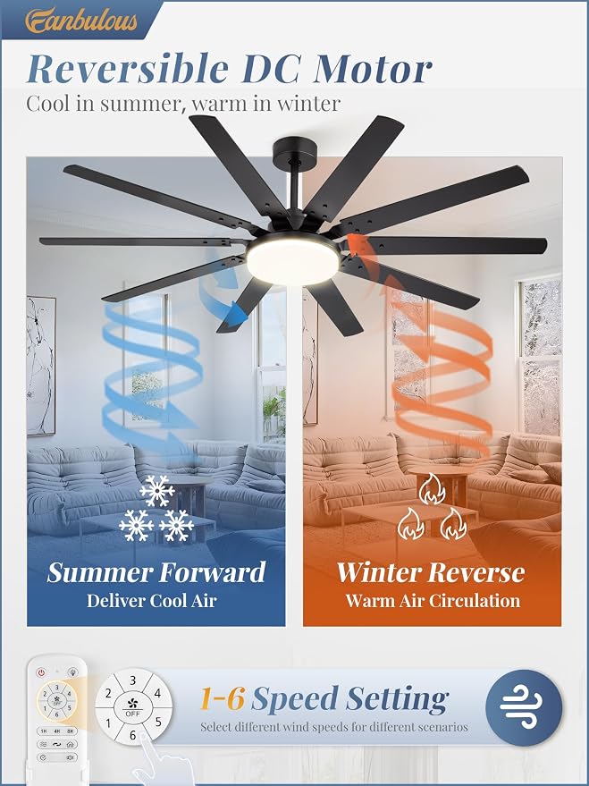 65 inch Large Ceiling Fans with Lights and Remote, Outdoor Black Ceiling Fan with 10 Blades, 32W LED light 3 CCT, 6 Speed