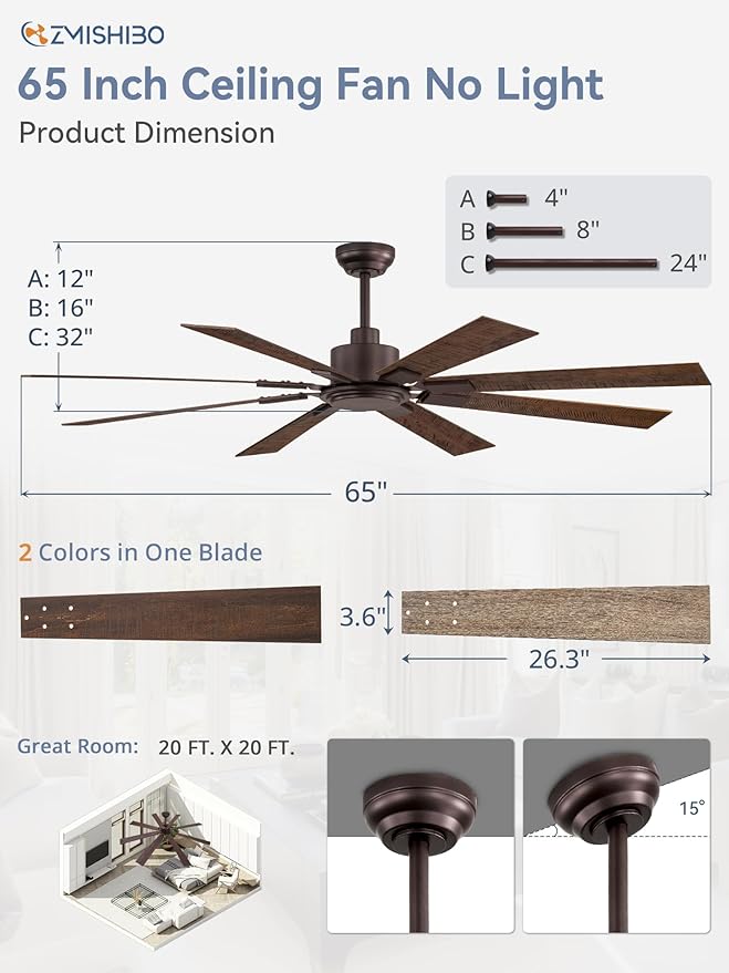 65 Inch Oil Rubbed Bronze Ceiling Fans No Light with Remote, Indoor/Outdoor Farmhouse Ceiling Fan Without Light for Living