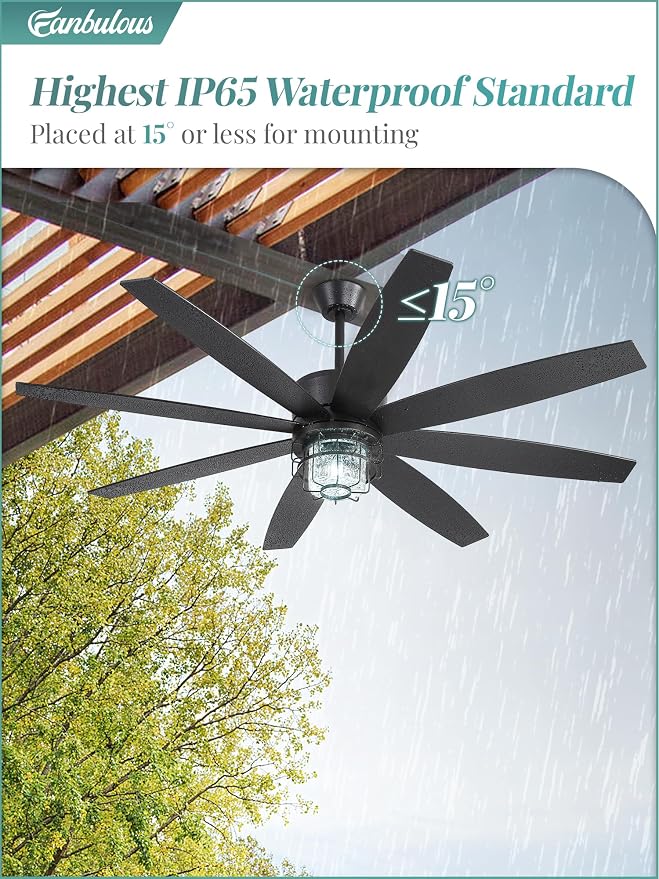65" Outdoor Ceiling Fans with Lights and Remote Control, IP65 Wet Rated Waterproof Ceiling Fan with 6-Speed DC Motor