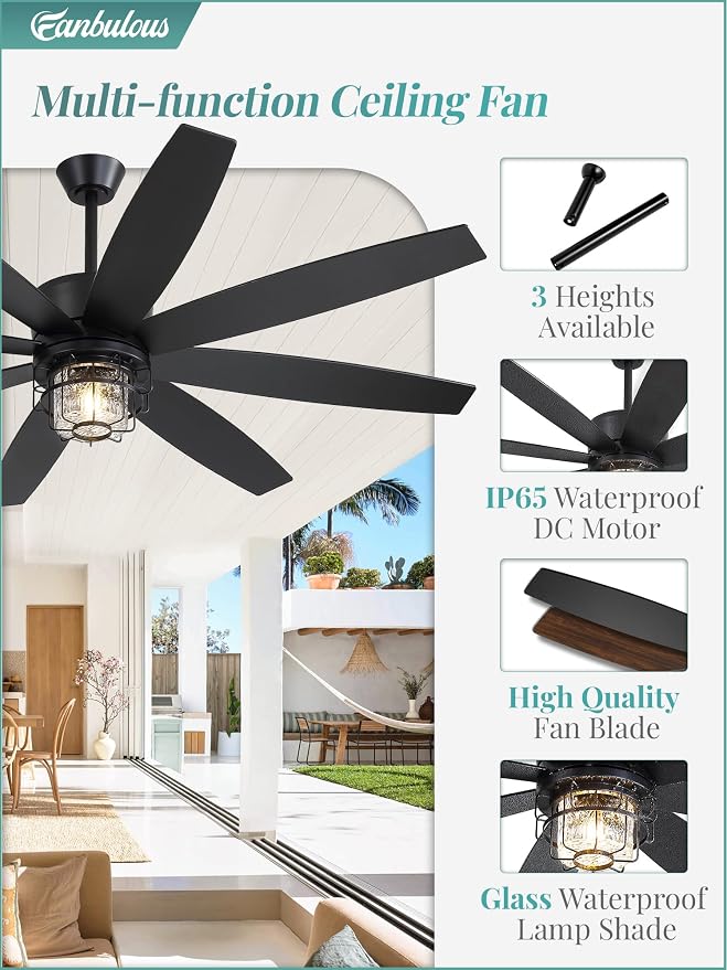 65" Outdoor Ceiling Fans with Lights and Remote Control, IP65 Wet Rated Waterproof Ceiling Fan with 6-Speed DC Motor