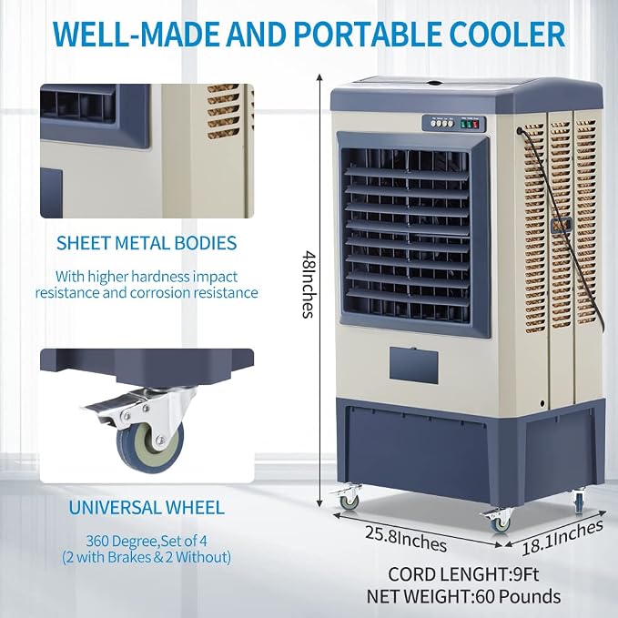 6500 CFM Swamp Cooler, 48" Evaporative Air Cooler with 19 Gal Water Tank, 5 Ice Box, 120° Oscillation, Portable Air