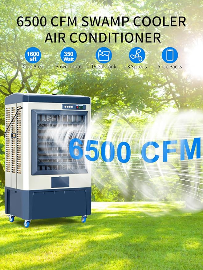 6500 CFM Swamp Cooler, 48" Evaporative Air Cooler with 19 Gal Water Tank, 5 Ice Box, 120° Oscillation, Portable Air