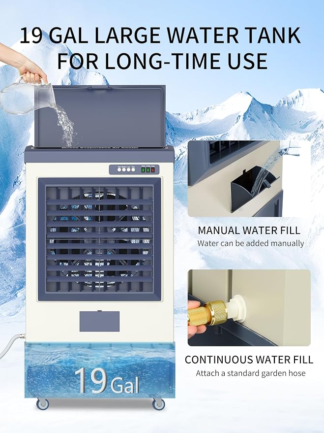 6500 CFM Swamp Cooler, 48" Evaporative Air Cooler with 19 Gal Water Tank, 5 Ice Box, 120° Oscillation, Portable Air