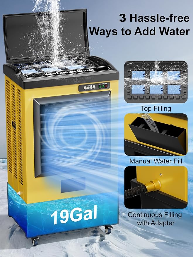 6500 CFM Swamp Cooler, 48IN Evaporative Air Cooler with 19 Gal Water Tank, 3 Speeds, 120°Oscillation, 5 Ice Packs, Outdoor