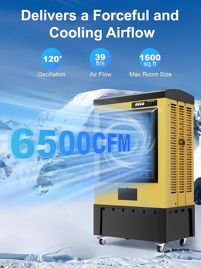 6500 CFM Swamp Cooler, 48IN Evaporative Air Cooler with 19 Gal Water Tank, 3 Speeds, 120°Oscillation, 5 Ice Packs, Outdoor