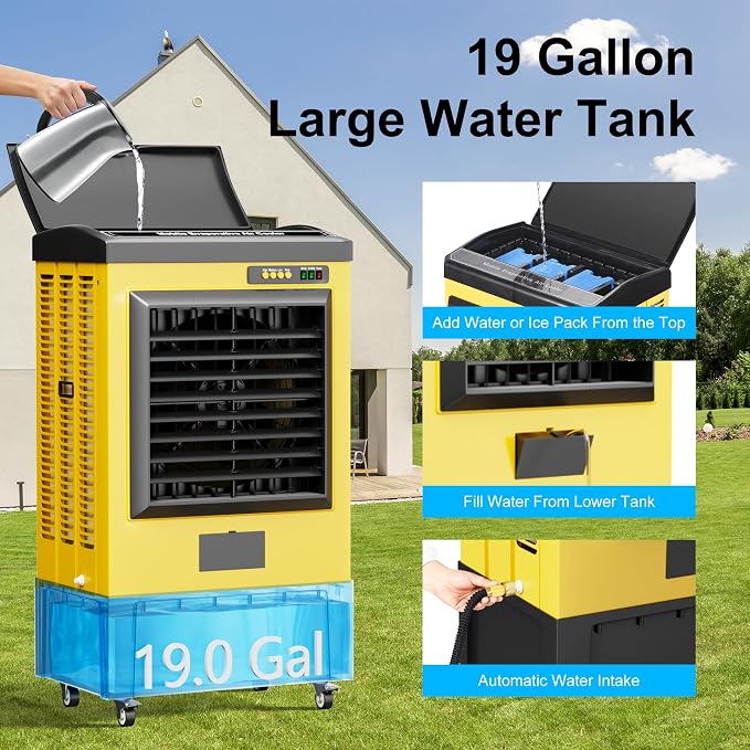 6500CFM Swamp Coolers,Portable Evaporative Air Cooler for 1600 Sq.ft of Space,with Continuous Auto Fill,19-Gal Water
