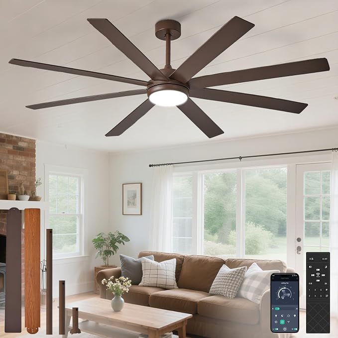 66" Ceiling Fans with Lights: Large Indoor/Outdoor Ceiling Fan for Patios Living Room - 8 Blades Brown Dimmable Ceiling Fans