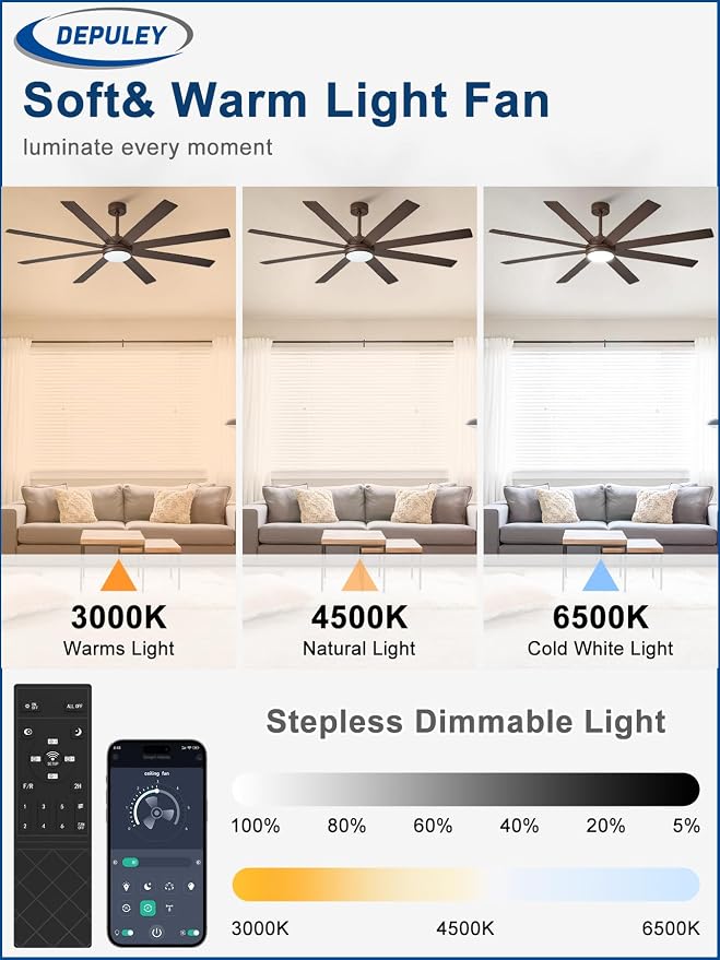 66" Ceiling Fans with Lights: Large Indoor/Outdoor Ceiling Fan for Patios Living Room - 8 Blades Brown Dimmable Ceiling Fans