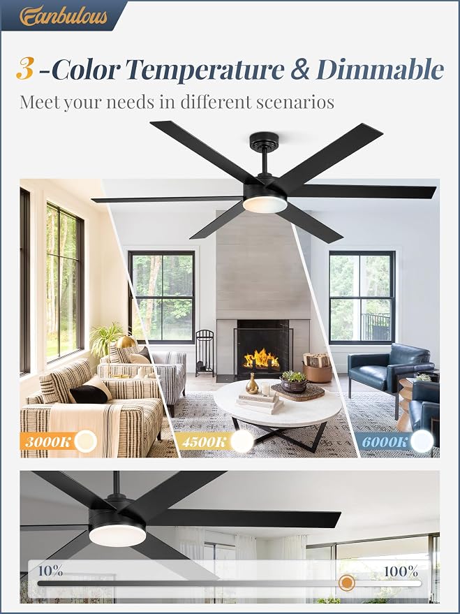 66 Inch Ceiling Fans with Lights and Remote, Reversible 6 Blades, Dimmable, 3000K-6000K Adjustable, Outdoor Ceiling Fans for