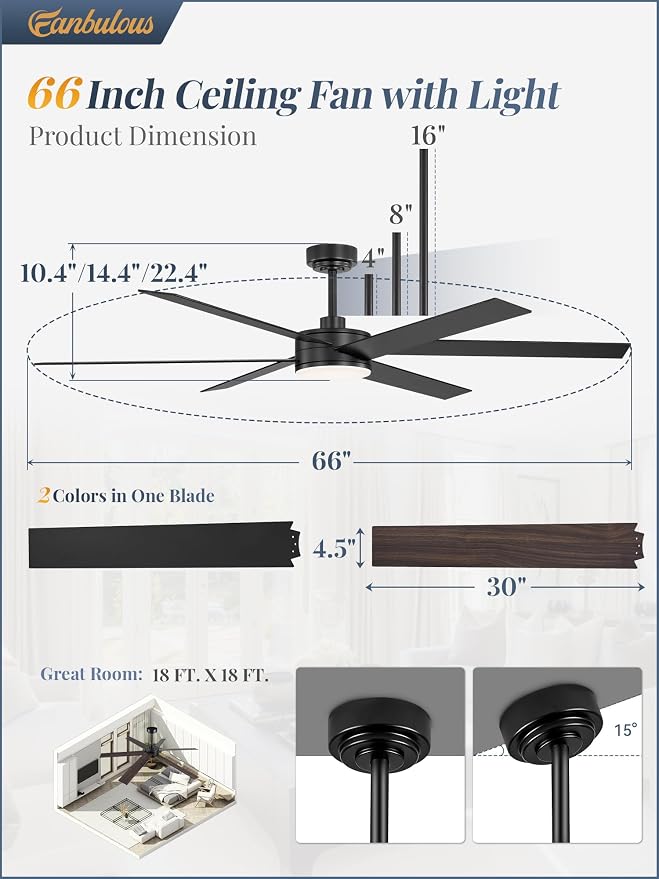 66 Inch Ceiling Fans with Lights and Remote, Reversible 6 Blades, Dimmable, 3000K-6000K Adjustable, Outdoor Ceiling Fans for