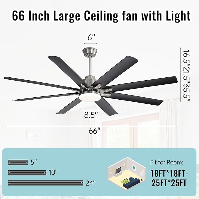 66 Inch Ceiling Fans with Lights, Smart Indoor Outdoor Ceiling Fan with Remote, Work with Alexa/Google, Low Profile Ceiling