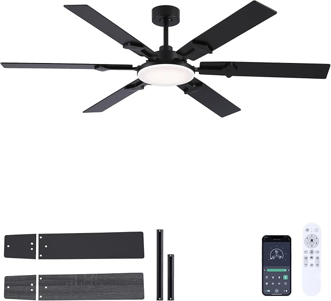 66 Inch Large Ceiling Fans with Lights and Remote, Black Modern Indoor/Outdoor Ceiling Fan for Living Room Kitchen Patio, 6